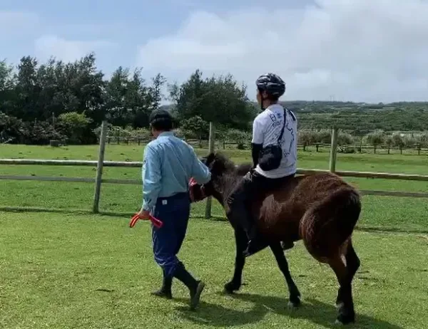 グローリーファームのポニーに乗る旅人