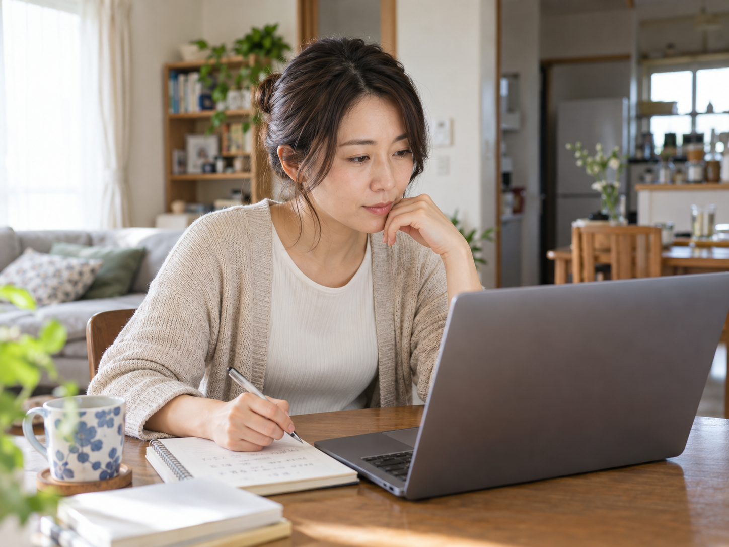 オンライン日本語教師の登録や報酬に関する疑問をノートパソコンで調べる人
